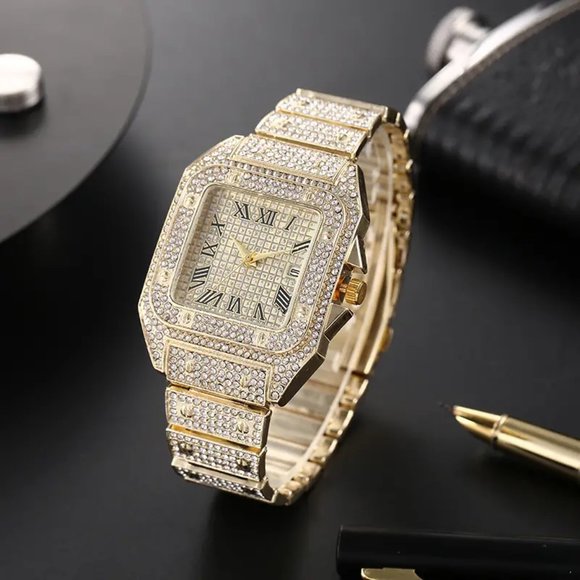 Men's Iced Out Quartz Watch Gold tone Sparkling Bling Watch Roman Numbered Dial - Picture 3 of 3